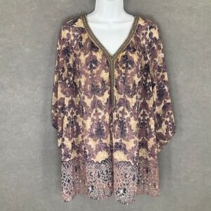 Catherines 1X Damask Print Pleated Beaded Embellished V Neck Tunic Top Flowy